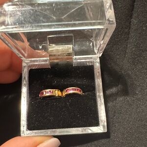 Gold Huggie Earrings with Pink Channel Stones